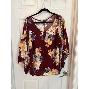 Unique Spectrum Floral Scoop Neck Wide Sleeve Blouse 2X